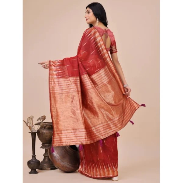 Generic Women's Linen Cotton Wevon Jacquard Saree With Unstitched Blouse 5.5Mtr (Red) - Image 3