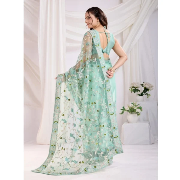 Generic Women's Soft Net Thread Embroidery Saree With Unstitched Blouse 5.5Mtr (Sea Green) - Image 3
