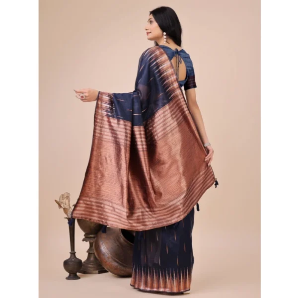 Generic Women's Linen Cotton Wevon Jacquard Saree With Unstitched Blouse 5.5Mtr (Navy Blue) - Image 3