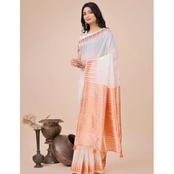 Generic Women's Linen Cotton Wevon Jacquard Saree With Unstitched Blouse 5.5Mtr (White) - Image 2