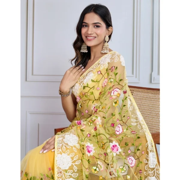 Generic Women's Soft Net Thread Embroidery Saree With Unstitched Blouse 5.5Mtr (Yellow) - Image 3