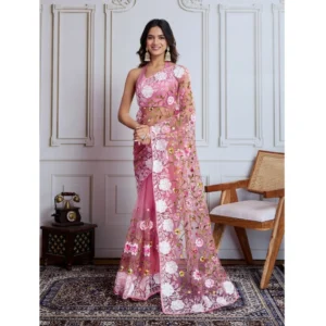 Generic Women's Soft Net Thread Embroidery Saree With Unstitched Blouse 5.5Mtr (Light Pink)