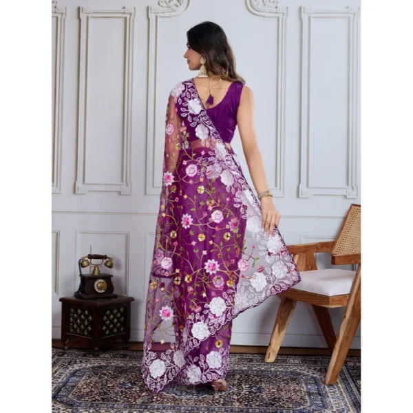 Generic Women's Soft Net Thread Embroidery Saree With Unstitched Blouse 5.5Mtr (Purple) - Image 2