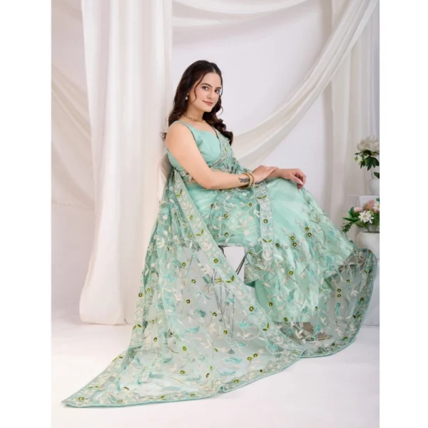 Generic Women's Soft Net Thread Embroidery Saree With Unstitched Blouse 5.5Mtr (Sea Green) - Image 2