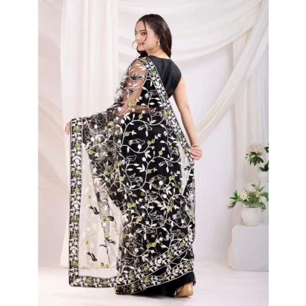 Generic Women's Soft Net Thread Embroidery Saree With Unstitched Blouse 5.5Mtr (Black) - Image 3
