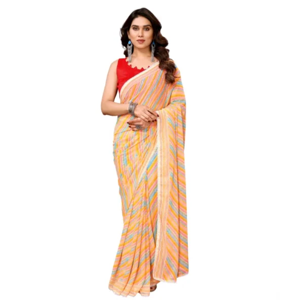 Generic Women's Small Lace Georgette Striped Ready-to-Wear Saree With Unstitched Blouse 5.5 Mtr (Yellow)