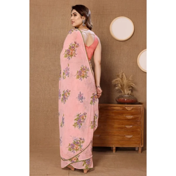 Generic Women's Small Lace Georgette Printed Ready-to-Wear Saree With Unstitched Blouse 5.5 Mtr (Peach) - Image 3