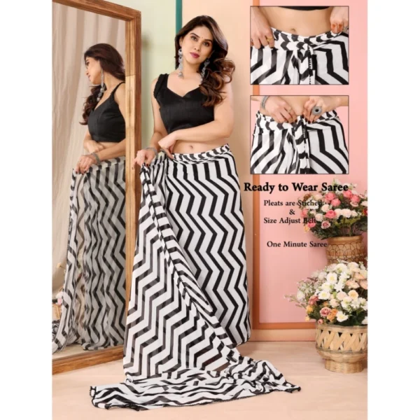 Generic Women's Small Lace Georgette Striped Ready-to-Wear Saree With Unstitched Blouse 5.5 Mtr (Black) - Image 2