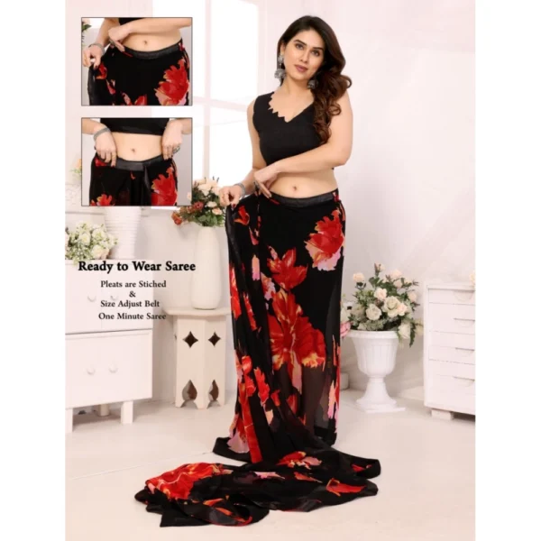 Generic Women's Small Lace Georgette Printed Ready-to-Wear Saree With Unstitched Blouse 5.5 Mtr (Black-Red) - Image 2