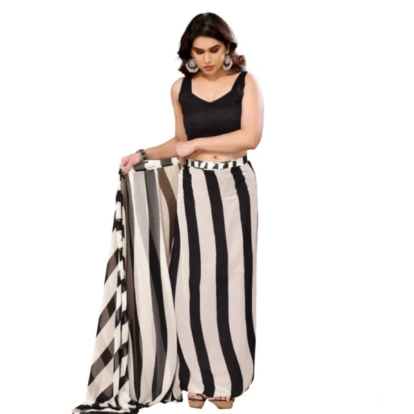 Generic Women's Small Lace Georgette Striped Ready-to-Wear Saree With Unstitched Blouse 5.5 Mtr (Black-White) - Image 2