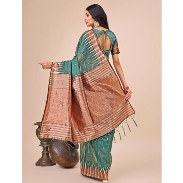 Generic Women's Linen Cotton Wevon Jacquard Saree With Unstitched Blouse 5.5Mtr (Green) - Image 3