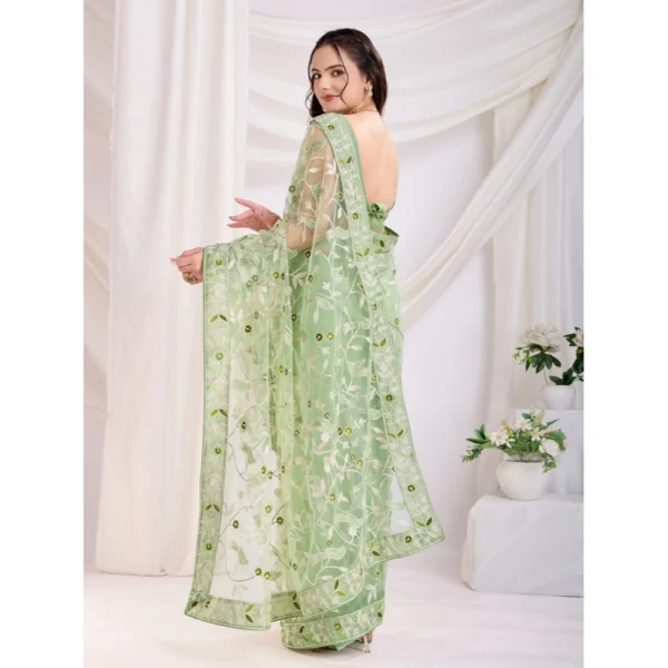 Generic Women's Soft Net Thread Embroidery Saree With Unstitched Blouse 5.5Mtr (Pista) - Image 2