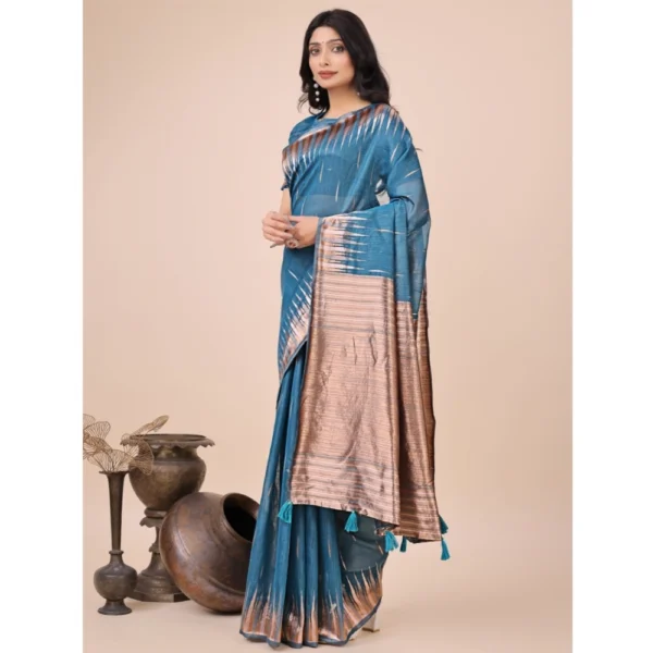 Generic Women's Linen Cotton Wevon Jacquard Saree With Unstitched Blouse 5.5Mtr (Blue) - Image 2