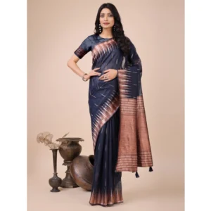 Generic Women's Linen Cotton Wevon Jacquard Saree With Unstitched Blouse 5.5Mtr (Navy Blue)