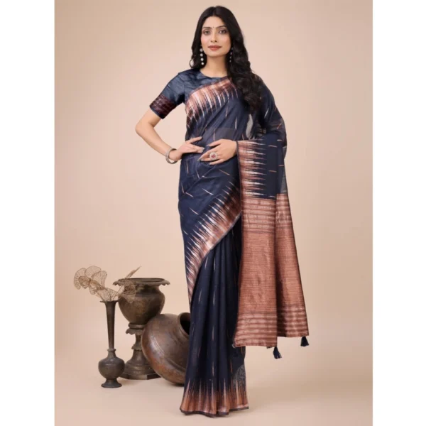 Generic Women's Linen Cotton Wevon Jacquard Saree With Unstitched Blouse 5.5Mtr (Navy Blue)