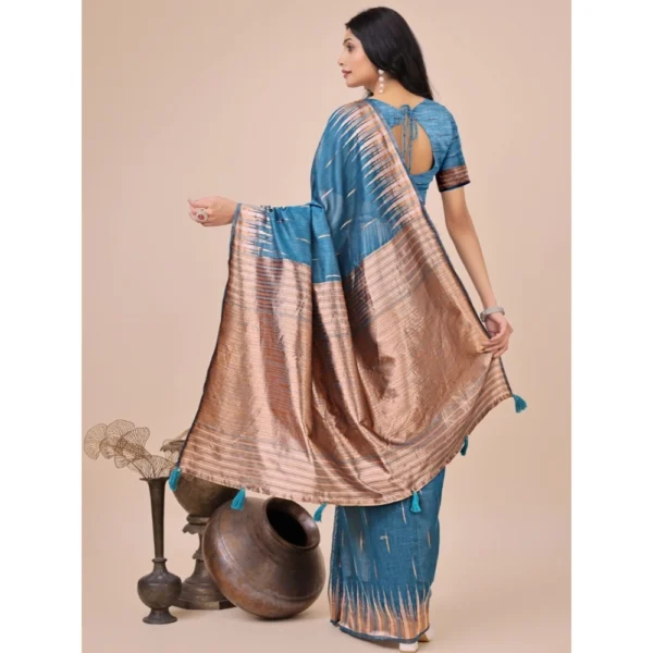 Generic Women's Linen Cotton Wevon Jacquard Saree With Unstitched Blouse 5.5Mtr (Blue) - Image 3