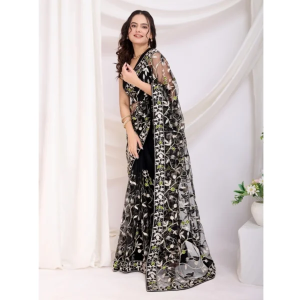 Generic Women's Soft Net Thread Embroidery Saree With Unstitched Blouse 5.5Mtr (Black) - Image 2