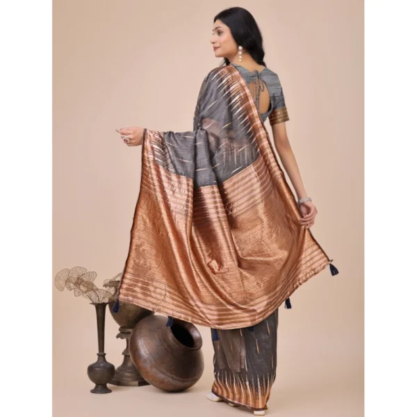 Generic Women's Linen Cotton Wevon Jacquard Saree With Unstitched Blouse 5.5Mtr (Grey) - Image 3