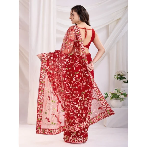 Generic Women's Soft Net Thread Embroidery Saree With Unstitched Blouse 5.5Mtr (Maroon) - Image 3