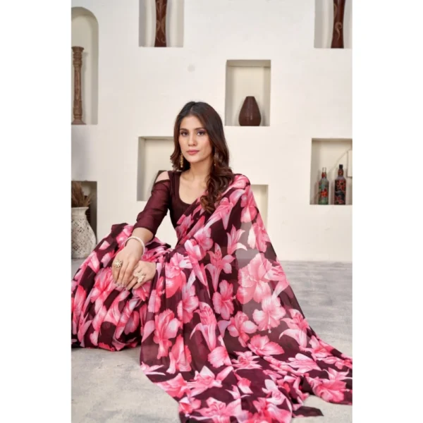 Generic Women's Polyster Printed Saree With Unstitched Blouse 5.5Mtr (Wine) - Image 3