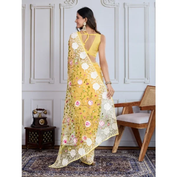 Generic Women's Soft Net Thread Embroidery Saree With Unstitched Blouse 5.5Mtr (Yellow) - Image 2