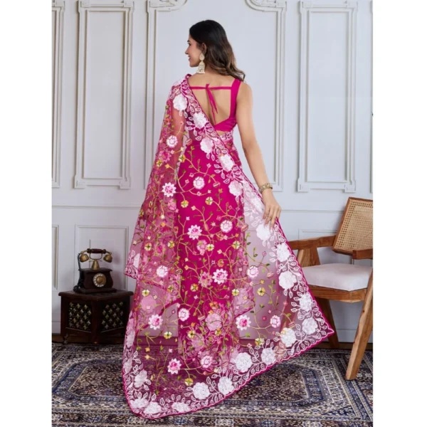 Generic Women's Soft Net Thread Embroidery Saree With Unstitched Blouse 5.5Mtr (Dark Pink) - Image 2