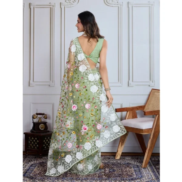 Generic Women's Soft Net Thread Embroidery Saree With Unstitched Blouse 5.5Mtr (Pista) - Image 3