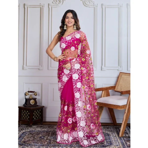 Generic Women's Soft Net Thread Embroidery Saree With Unstitched Blouse 5.5Mtr (Dark Pink)