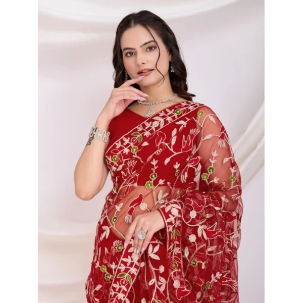 Generic Women's Soft Net Thread Embroidery Saree With Unstitched Blouse 5.5Mtr (Maroon) - Image 2