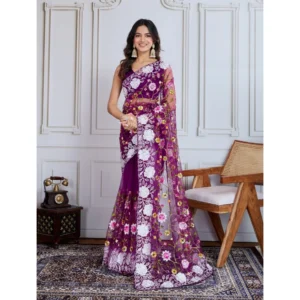 Generic Women's Soft Net Thread Embroidery Saree With Unstitched Blouse 5.5Mtr (Purple)