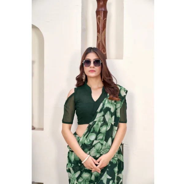 Generic Women's Polyster Printed Saree With Unstitched Blouse 5.5Mtr (Green) - Image 3
