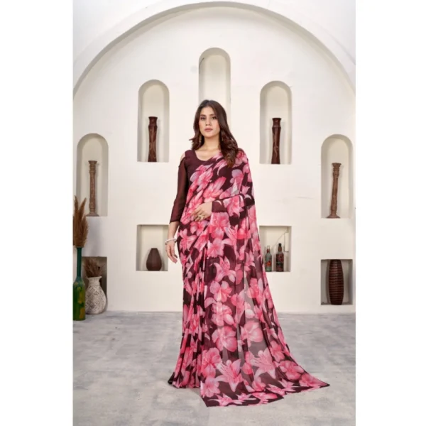 Generic Women's Polyster Printed Saree With Unstitched Blouse 5.5Mtr (Wine)