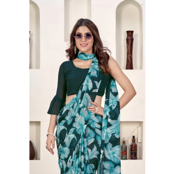 Generic Women's Polyster Printed Saree With Unstitched Blouse 5.5Mtr (Teal) - Image 3