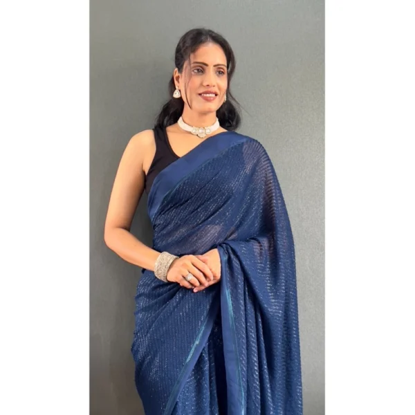 Generic Women's Chiffon Solid Ready to wear Saree With Unstitched Blouse 5.5 Mtr (Blue ) - Image 2