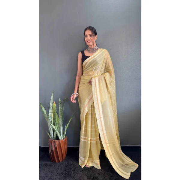 Generic Women's Chiffon Striped Ready to wear Saree With Unstitched Blouse 5.5 Mtr (Yellow) - Image 3