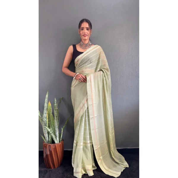 Generic Women's Chiffon Striped Ready to wear Saree With Unstitched Blouse 5.5 Mtr (Pista )