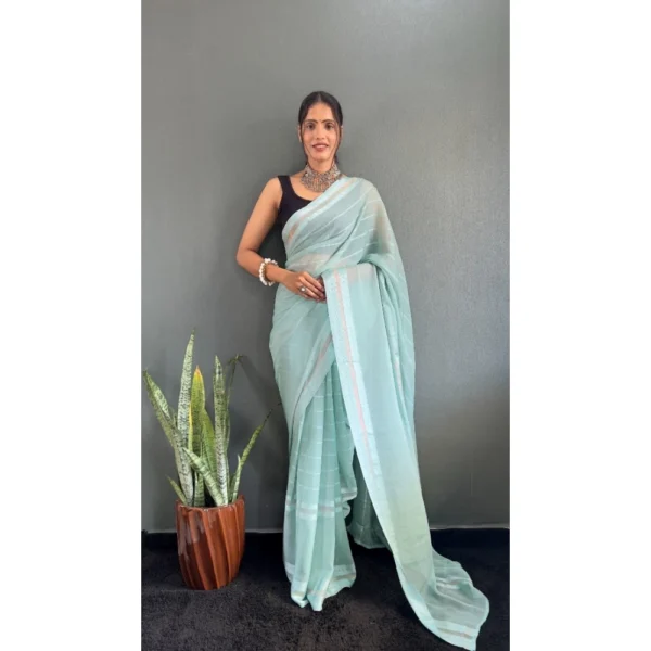 Generic Women's Chiffon Striped Ready to wear Saree With Unstitched Blouse 5.5 Mtr (Sky)