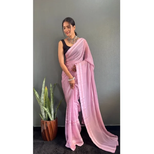 Generic Women's Chiffon Striped Ready to wear Saree With Unstitched Blouse 5.5 Mtr (Pink) - Image 3