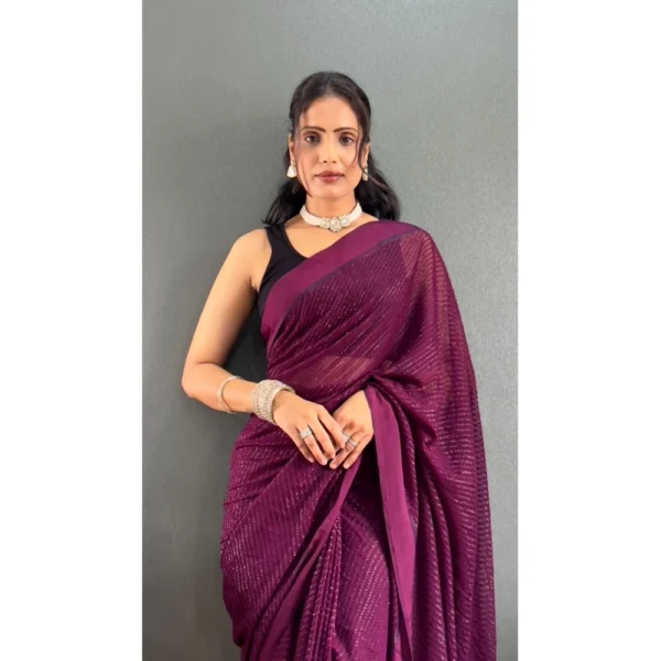 Generic Women's Chiffon Solid Ready to wear Saree With Unstitched Blouse 5.5 Mtr (Wine ) - Image 3