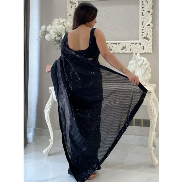 Generic Women's Georgette Embellished Sequnece Bollywood Saree With Unstitched Blouse 5.5Mtr (Black) - Image 2