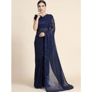 Generic Women's Georgette Embellished Sequnece Bollywood Saree With Unstitched Blouse 5.5Mtr (Blue)
