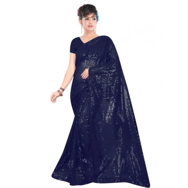 Generic Women's Georgette Embellished Sequnece Bollywood Saree With Unstitched Blouse 5.5Mtr (Blue)