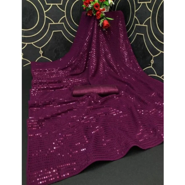 Generic Women's Georgette Embellished Sequnece Bollywood Saree With Unstitched Blouse 5.5Mtr (Purple) - Image 2