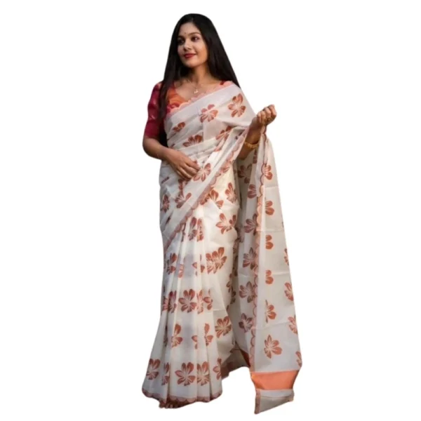 Generic Women's Silk Printed Saree With Unstitched Blouse 5.5Mtr (White-Orange)