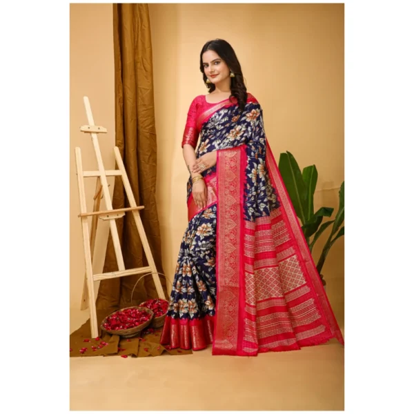 Generic Women's Soft Dola Cotton Kalamkari Printed Saree With Unstitched Blouse 5.5Mtr (Navy Blue) - Image 4