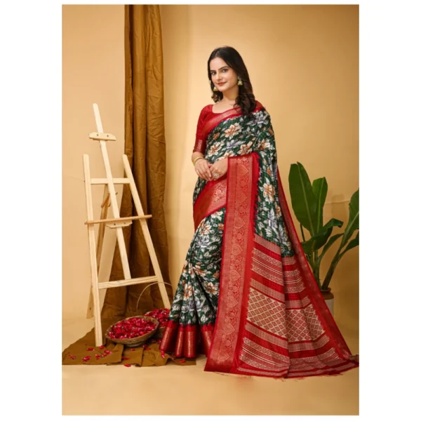 Generic Women's Soft Dola Cotton Kalamkari Printed Saree With Unstitched Blouse 5.5Mtr (Green) - Image 2