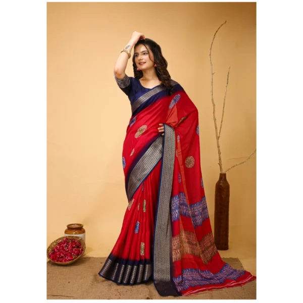 Generic Women's Soft Blooming Marshmallow Fabric Kalamkari Printed Saree With Unstitched Blouse 5.5Mtr (Red) - Image 2