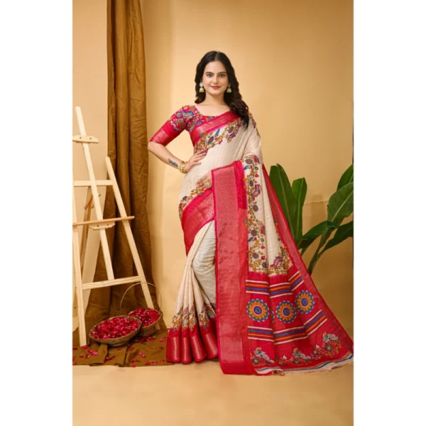 Generic Women's Soft Dola Cotton Kalamkari Printed Saree With Unstitched Blouse 5.5Mtr (Red) - Image 4