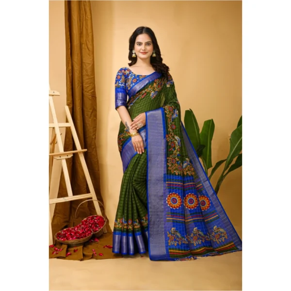 Generic Women's Soft Dola Cotton Kalamkari Printed Saree With Unstitched Blouse 5.5Mtr (Mehendi) - Image 4