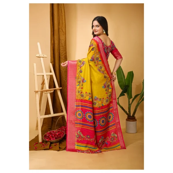 Generic Women's Soft Dola Cotton Kalamkari Printed Saree With Unstitched Blouse 5.5Mtr (Yellow) - Image 2